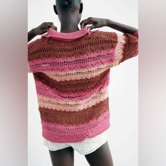 Zara OVERSIZED STRIPED KNIT POLO SWEATER Pink - Picture 16 of 16